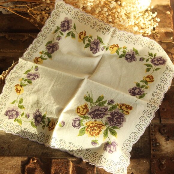 Vintage Handkerchief, Purple and Yellow Roses Flower Print Cotton Hankie - Picture 1 of 12